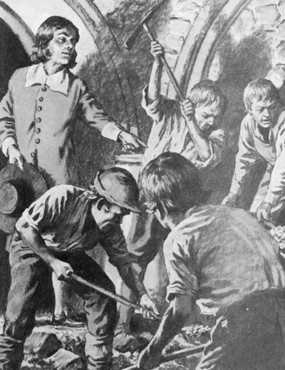 Samuel Pepys tentant de trouver le trésor de John Barkstead dans la Tour de Londres - English School